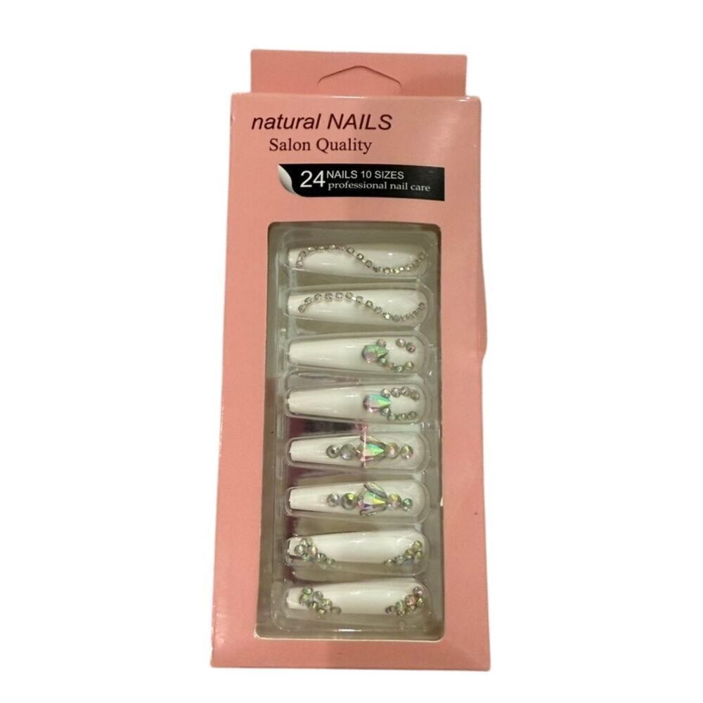 Extra Long Coffin White Bedazzled Press On Nails​​